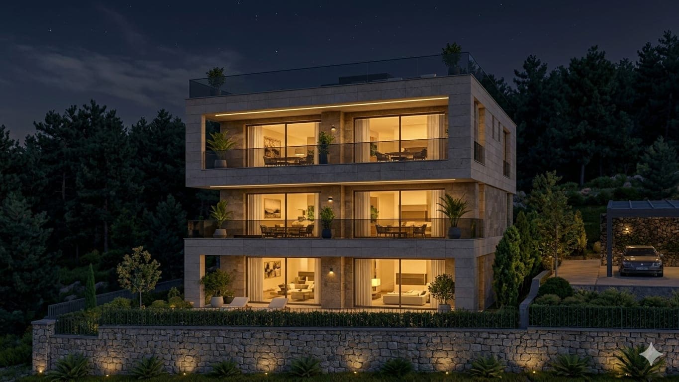 Projekat Villa Park Obarak — noćni prikaz vile s osvijetljenim stanovima